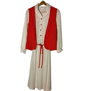 Vintage JC Penney Dress w Vest Size 10 White Red Polka Dot Vintage 1970s ILGWU